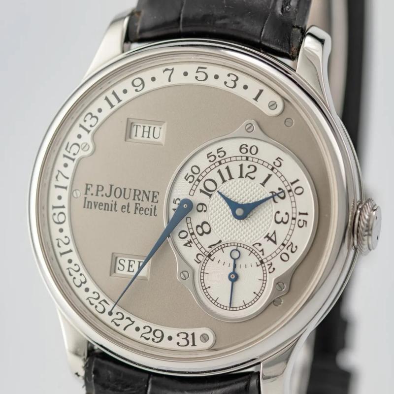 F.P. Journe Octa Calendrier, Nahezu neuwertige, sehr seltene und prächtige Platinarmbanduhr mit retrogradem Jahreskalender und 120 Stunden Gangreserve. Die Uhr wurde im September 2024 einem Service unterzogen, schätzpreis 130.000—160.000 €