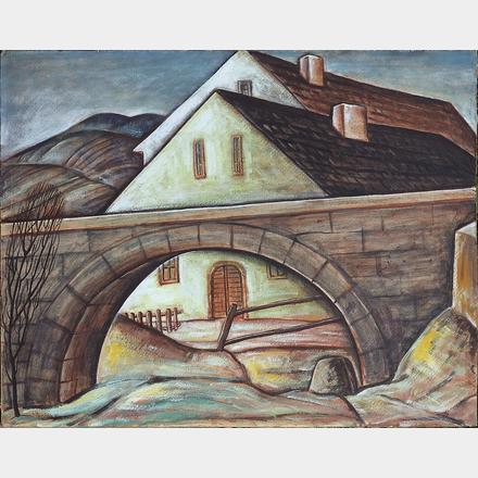 GEORG PHILIPP WÖRLEN (Dillingen an der Donau 1886 - 1954 Passau) Brücke, 1936 Wachskasein/Malpappe 55,1 x 70 cm