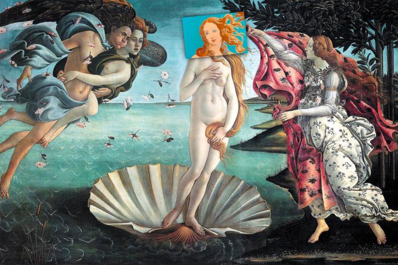 Sandro Botticelli, The Birth of Venus, 1484-1486 [with]  Andy Warhol, Details of Renaissance Paintings: Sandro Botticelli, Birth of Venus, 1482, 1984