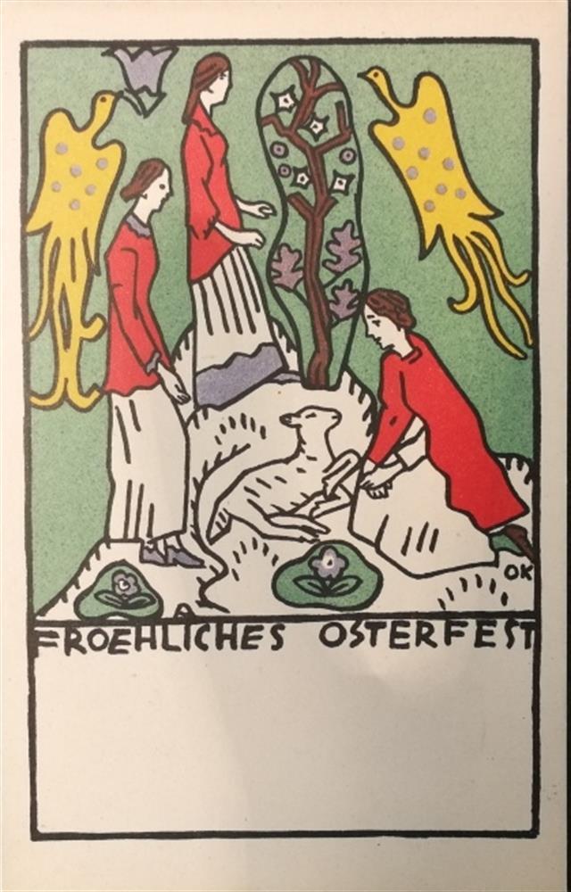 Oskar Kokoschka  Pöchlarn 1886 - 1980 Villeneuve  Postkarte der Wiener Werkstätte Froehliches Osterfest Nr. 147 Farblithografie  14 x 9 cm