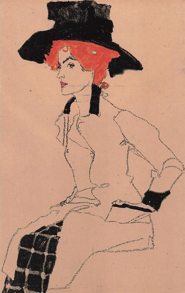 Egon Schiele  Tulln 1890 - 1918 Wien Postkarte der Wiener Werkstätte Frauenbildnis mit großem Hut (Gertrude Schiele), Nr. 289  Farblithographie  14 x 9 cm